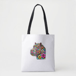 Tote Bag Floral Moo Deng Baby Hippo Hippopotamus Zoo Animal