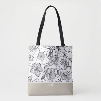 Tote Bag Floral Noir, Blanc et Tan avec Monogramme