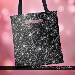 Tote Bag Floral noir noir blanc Motif et rose Nom