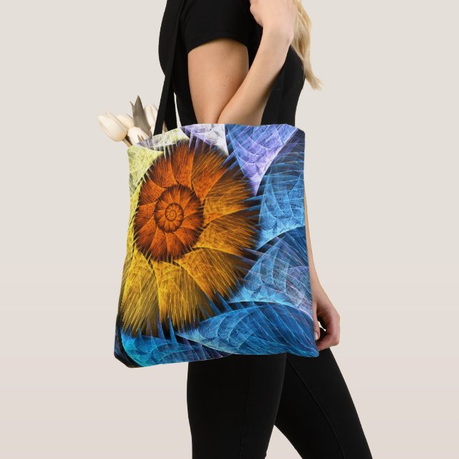 Tote Bag Floral Orange Bleu Jaune Art Abstrait (De près)