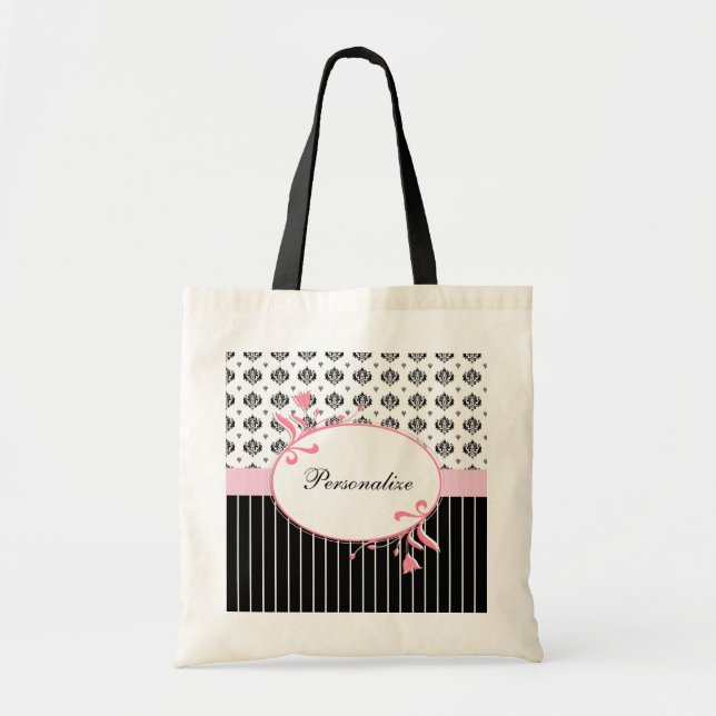 Tote Bag Floral rose chic de damassé noire et blanche avec (Devant)