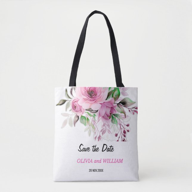 Tote Bag Floral rose clair et violet Enregistrer la date Fo (Devant)