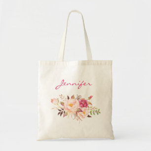 Tote Bag Floral rose pâle et nom