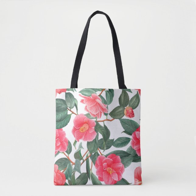 Tote Bag Floral sans couture motif, fleurs de camélia rouge (Devant)