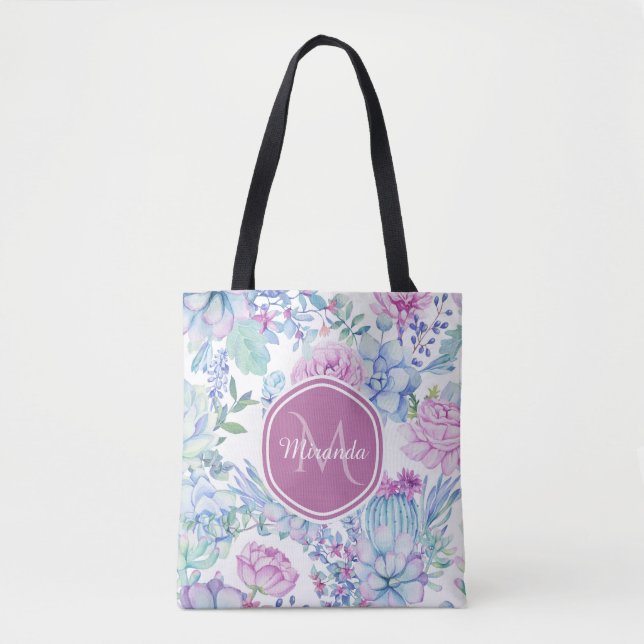 Tote Bag Floral succulent pourpre et bleu élégant avec le (Devant)