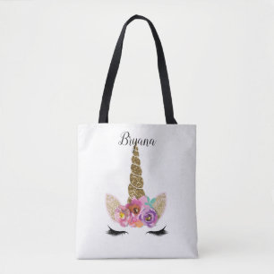 Tote Bag Floral Unicorn Gold Parties scintillant Girly Girl
