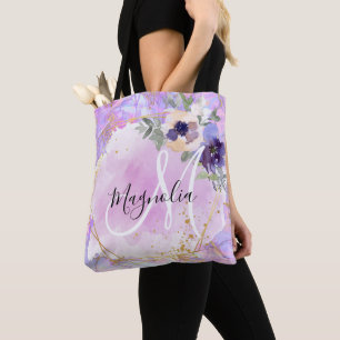 Tote Bag Floral violet, rose et or Marbre arc-en-ciel Monog