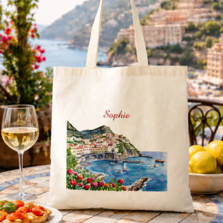 Tote Bag Floral Watercolor Italian Amalfi Coast Name