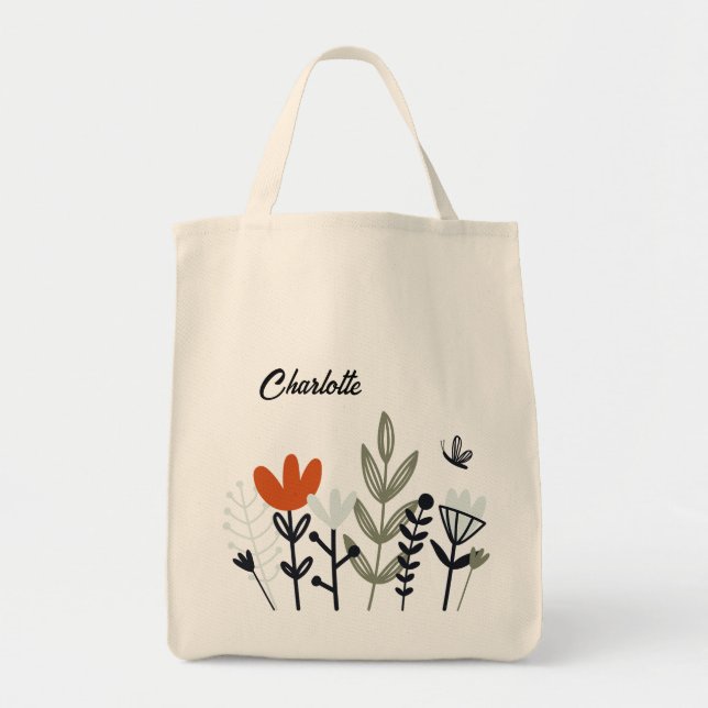 Tote Bag Floral Whimsical moderne Nom personnalisé (Devant)