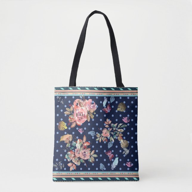 Tote Bag Florales, Pois, Aquarelle, Arrière - plan de marin (Devant)