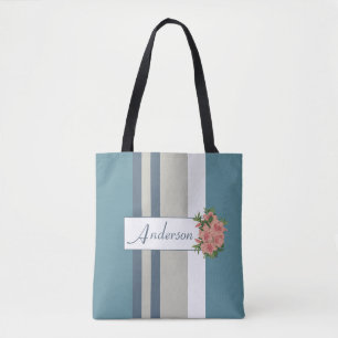 Tote Bag Flore à rayures bleues et tans modernes personnal
