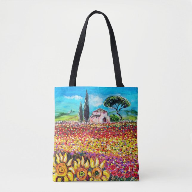 Tote Bag FLORE DANS LE PAYSAGE TOSCANE Poppies et tournesol (Devant)