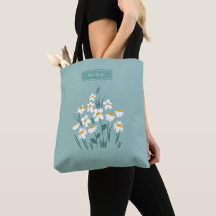 Tote Bag Flore moderne marguerite bleu girly élégant tot él