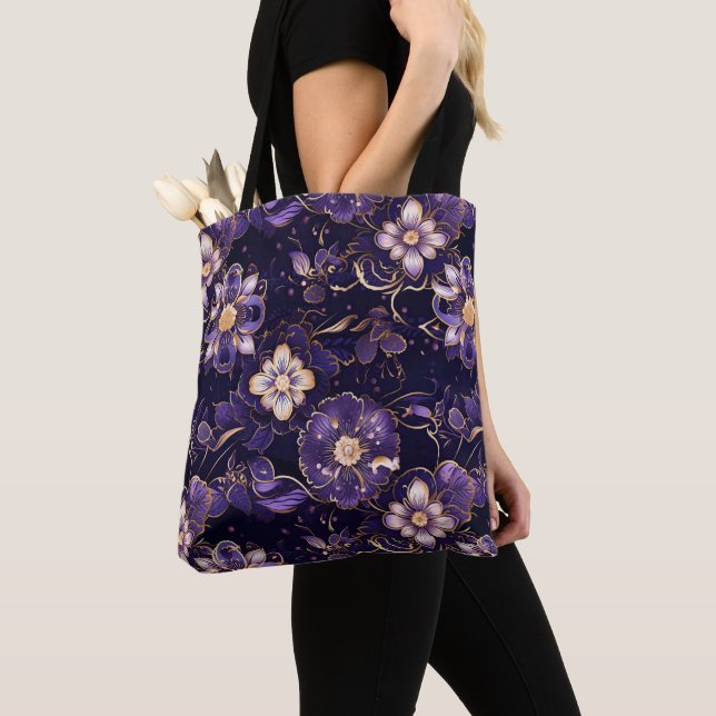 Tote Bag Flore violet foncé et or Faux (De près)