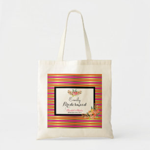 Tote Bag Flores d'aquarelle sur bandes rose orange et or