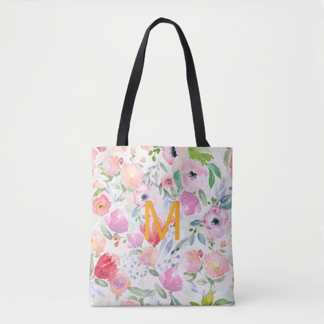 Tote Bag Flores violet rose vif aquarelle monogramme chic (Devant)