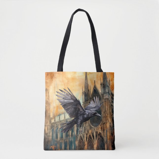 Tote Bag Flying Raven et la cathédrale gothique médiévale (Devant)