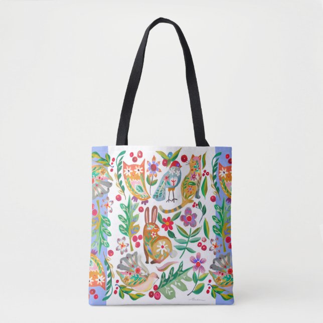 Tote Bag Folk Art Floral Animal Friends Blanc Personnalisab (Devant)