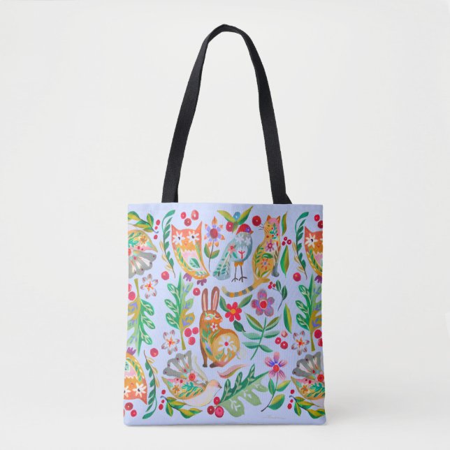 Tote Bag Folk Art Floral Animal Friends personnalisable (Devant)