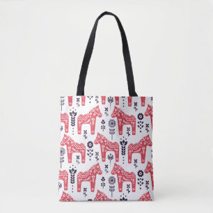 Tote Bag Folk swedish horse floral seamless pattern. 