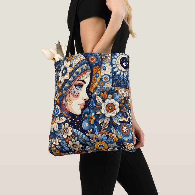 Tote Bag Folklore Russe Gzhel Bohême Chic Mode art (De près)