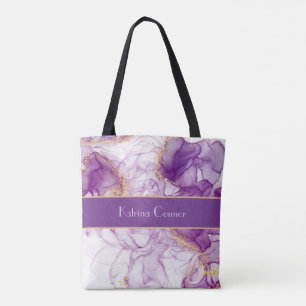 Tote Bag Fond violet à l'aquarelle, feuilles d'or dorées