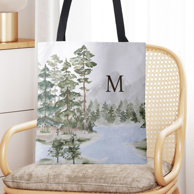 Tote Bag Forêt de pin vert monogramme et lac (In situ)