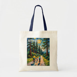 Tote Bag Forêt de séquoias rouges familiale cyclable texte 