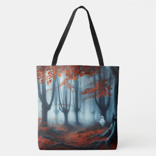 Tote Bag Forêts éffrayantes d'automne avec un fantôme