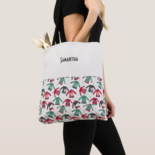 Tote Bag Fournitures de fête de Noël moche Sweater Nom vert (De près)