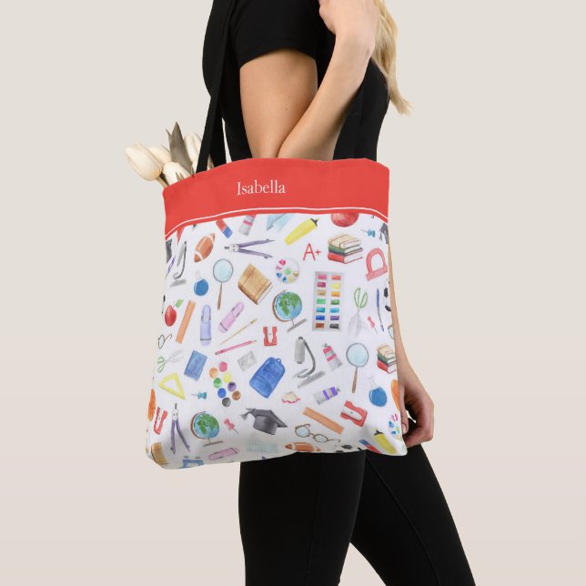 Tote Bag Fournitures scolaires personnalisées Motif Prénom (De près)
