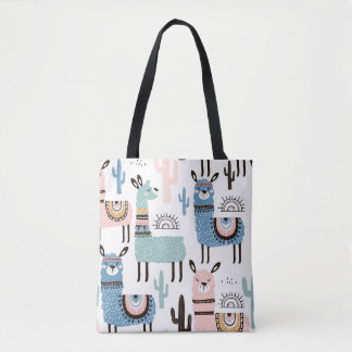 Tote Bag Fourre-tout à motif de lama en bleu, vert et rose