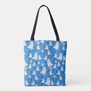 Tote Bag Fourre-tout avec Samoyeds sur Sky Blue.