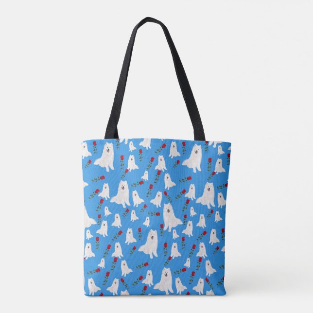 Tote Bag Fourre-tout avec Samoyeds sur Sky Blue. (Dos)