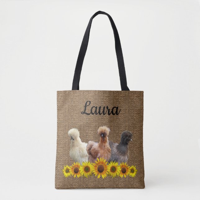 Tote Bag Fourre-tout de poulet Votre nom Silkies Sunflowers (Devant)