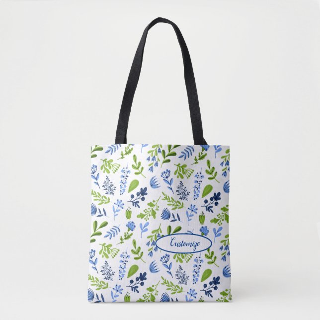 Tote Bag Fourre-tout d'impression florale bleue et verte (Devant)