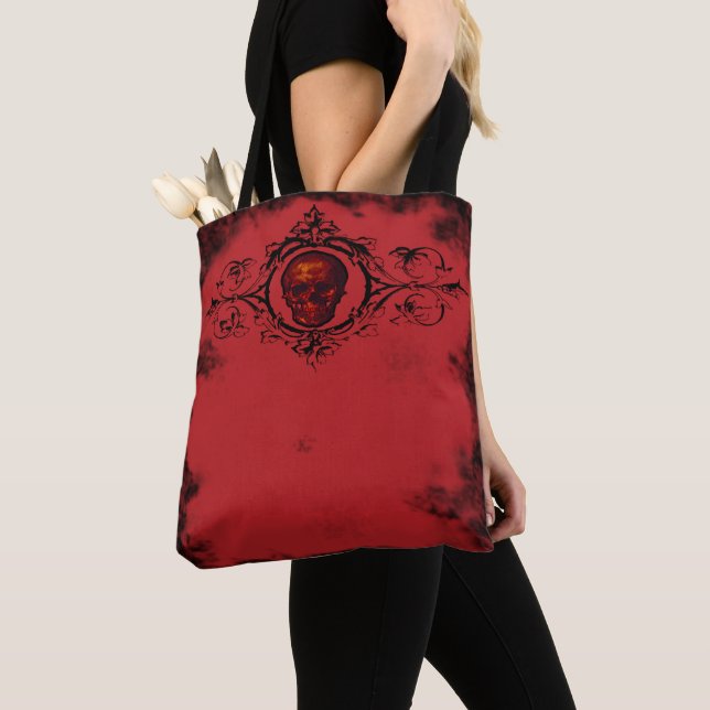 Tote Bag Fourre-tout gothique rouge crâne (De près)