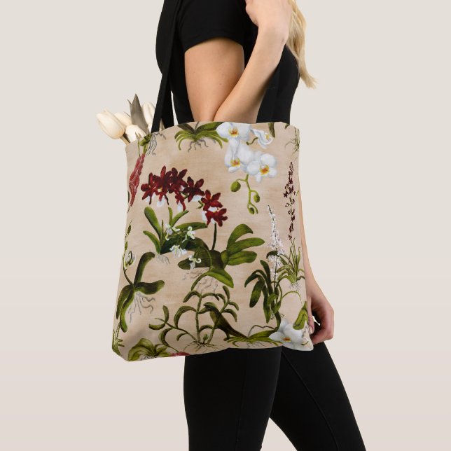 Tote Bag Fourre-tout - Motif orchidée en beige (De près)