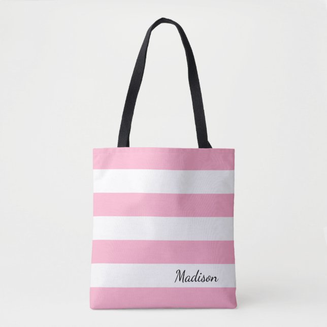 Tote Bag Fourre-tout rayé de rose et blanc personnalisé (Devant)