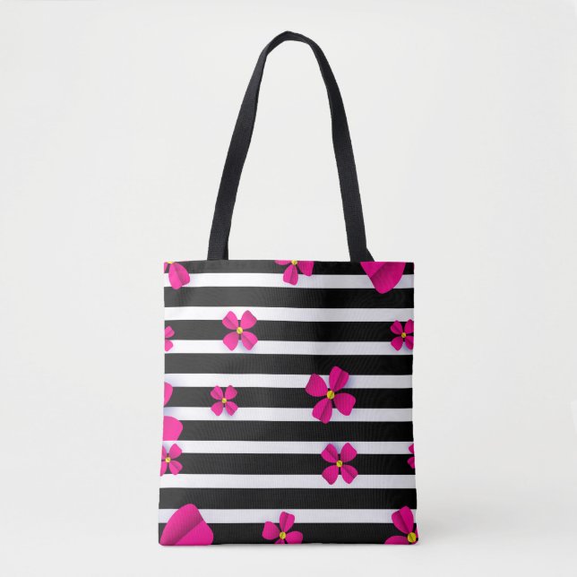 Tote Bag Fourre-tout rayé noir et blanc avec fleurs roses (Devant)