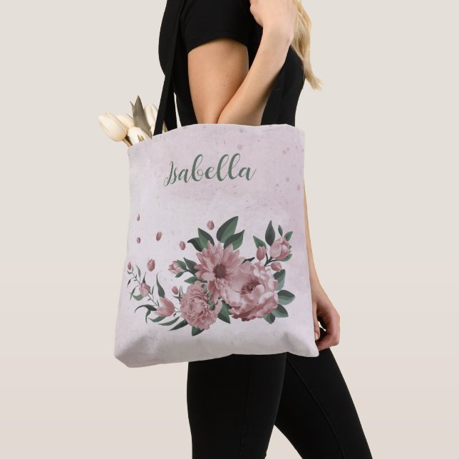 Tote Bag Fourre-tout romantique fleurs roses & feuilles ver (De près)