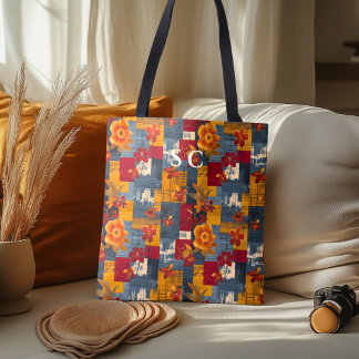 Tote Bag Fourre-tout rustique en Patchwork avec feuilles fl