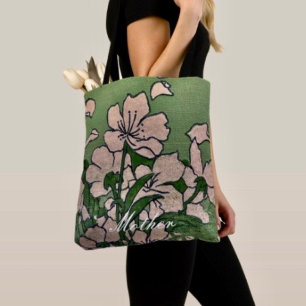 Tote Bag Fourre-tout verte en fleurs roses