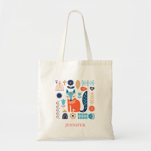 Tote Bag Fox Folk Art Floral modèle personnalisé | Nature (Devant)