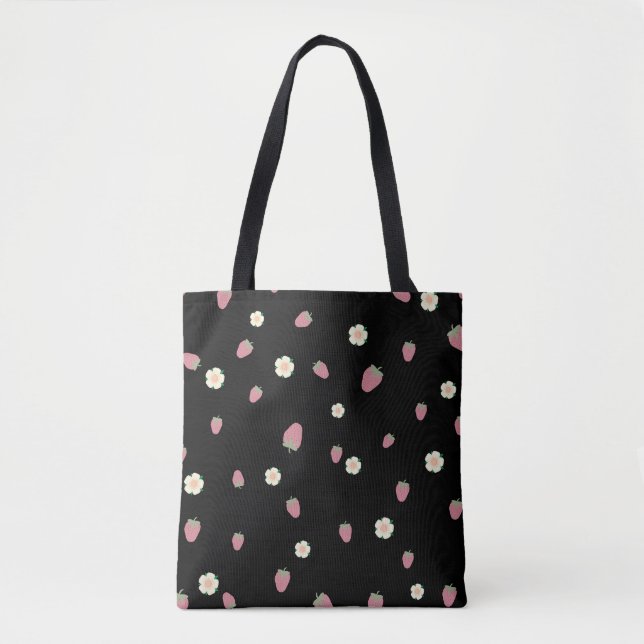 Tote Bag Fraises et fleurs Motif noir (Devant)