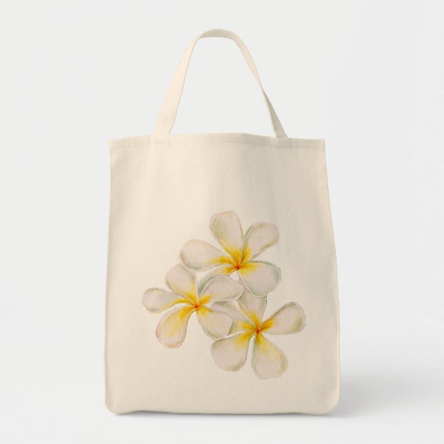 Tote Bag Frangipani fleurs d'aquarelle jaune or blanc (Devant)