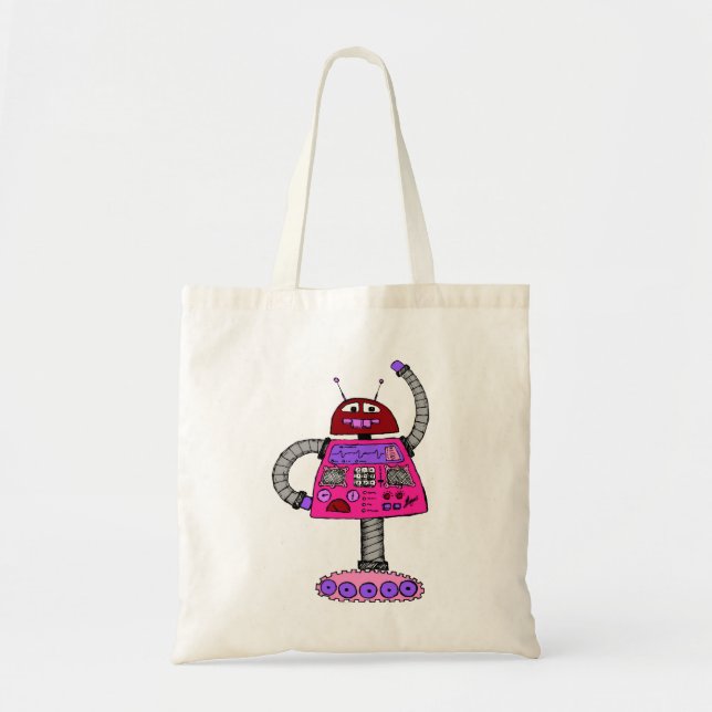 Tote Bag Frankie Robot : Rose sur blanc (Devant)