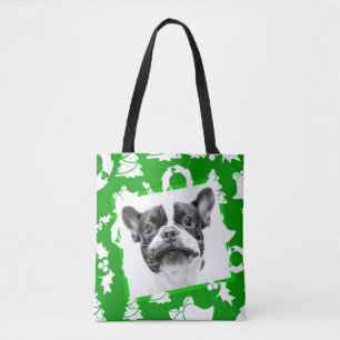 Tote Bag French Bulldog chiot sapin de Noël cloches couronn