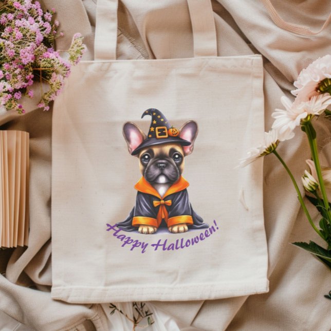 Tote Bag Frenchie Halloween Robe Violette Chapeau de Sorciè (Créateur téléchargé)