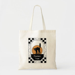 Tote Bag Friandises Halloween Chat Noir Vintage Lune Orange